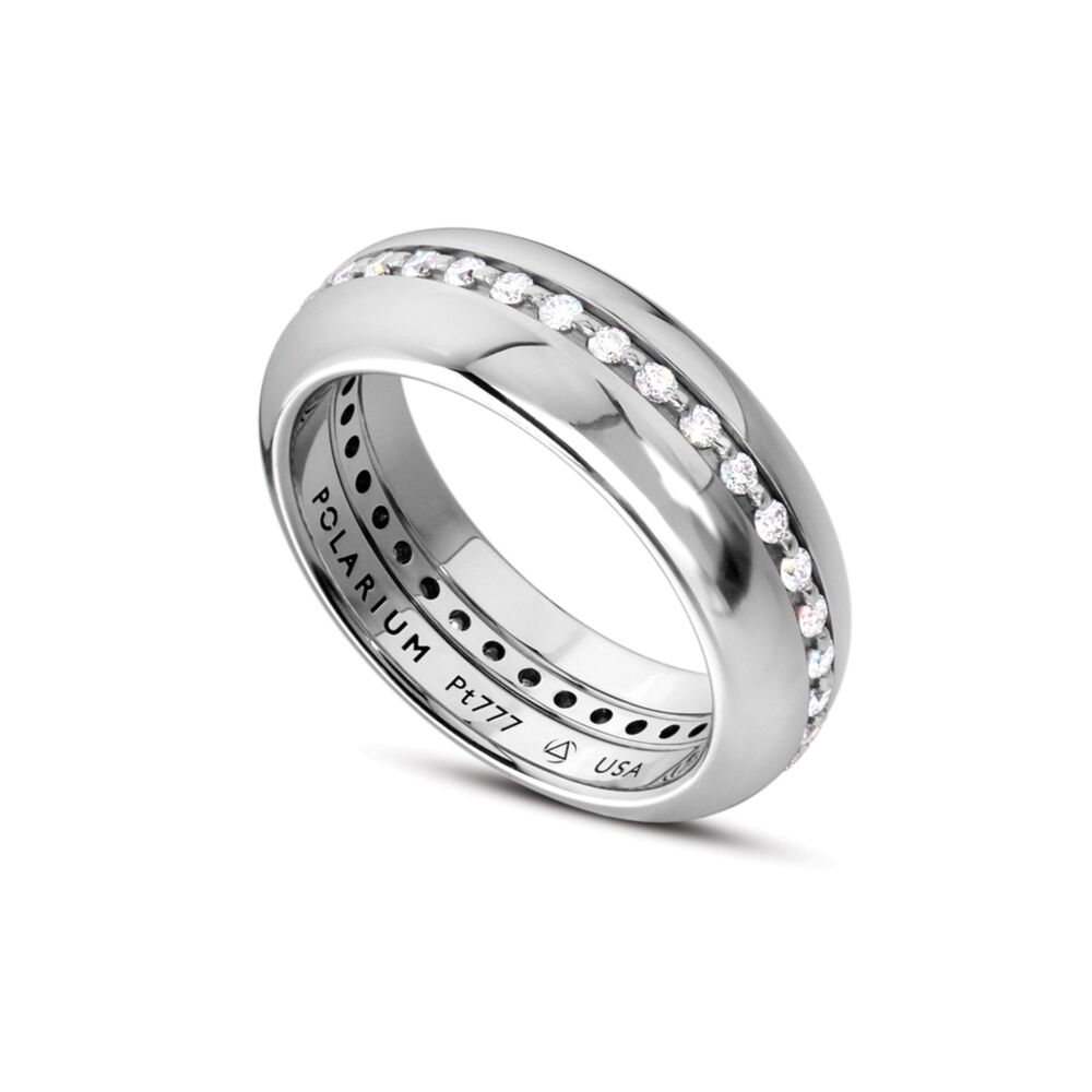 In stock, U.S. size 10, outer bands in a high polish, 5 mm. Our 1/2 Round Band is available exclusively in Polarium, our magnetic platinum alloy. Engraving on one side included. Fees apply for additional engravings. As shown with our Eternity Halo in platinum with white diamonds; Halo sold separately. Please Inquire for pricing for sizes above a 64. Call for details. Outer Half Round Band Inner Secrets Shiny Finish 5.0 mm Size 10