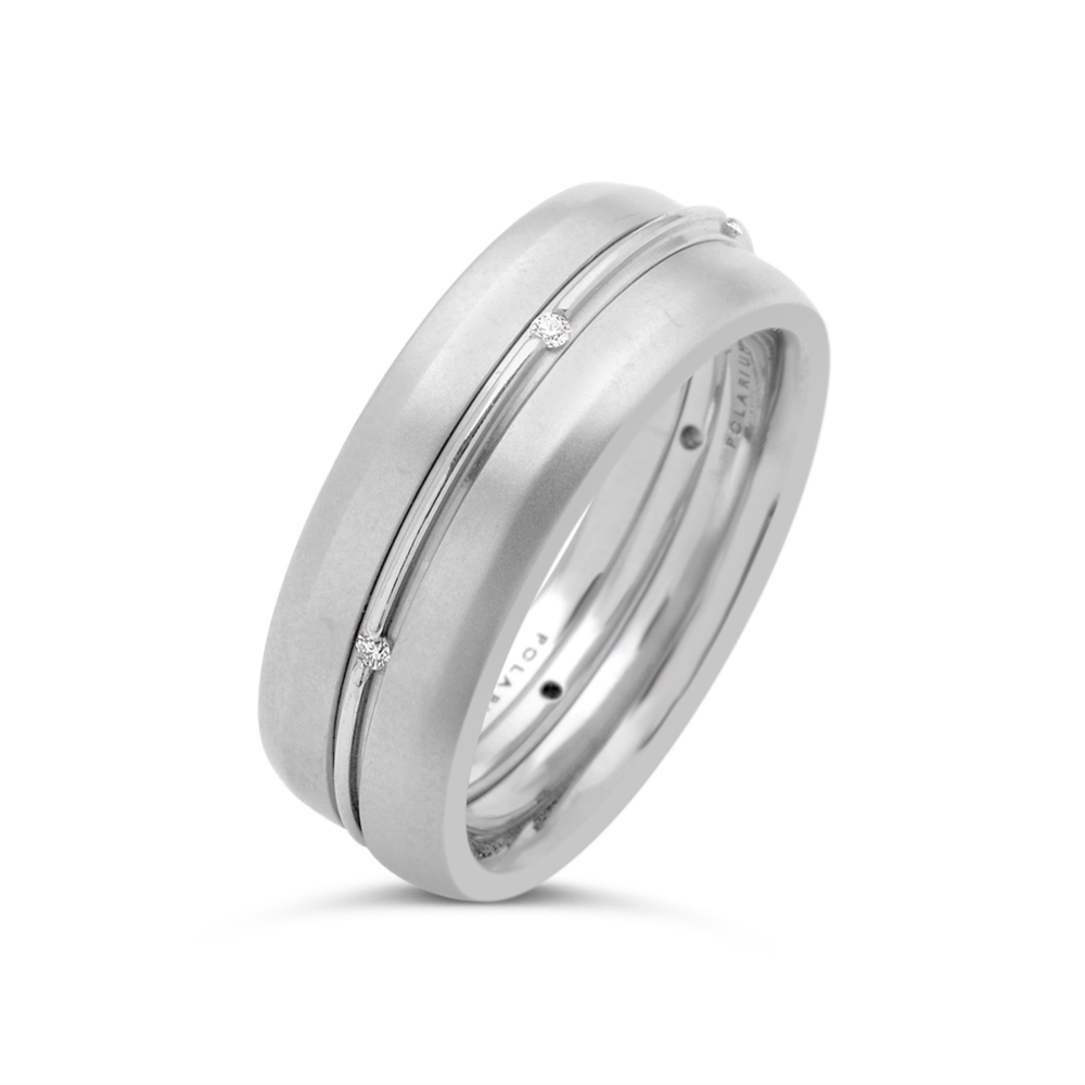 In stock, U.S. size 6.5, in high polish and a 6.0 mm width. 2-Gether Kissing Band is available exclusively in Polarium, our magnetic platinum alloy. 6.0mm or 6.5mm wide. Engraving on one side included. Fees apply for additional engraving. As shown with our Staccato-6 Halo in platinum with white diamonds; Halo sold separately. Please Inquire for pricing for sizes above a 64. Call for details. Outer 2-Gether Kissing Band Shiny 6.0 mm Size 6.5