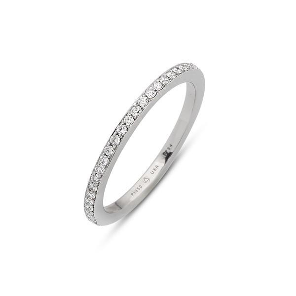 In store, U.S. 6.25, eternity band in platinum in a 1.5mm width. The Skinny Omega 1 Row Eternity Band is designed to correspond with the Omega Ring's profiles, but can be worn alone or in a ring stack. The diamonds stretch around the entirety of the band. Available in platinum and 18-karat yellow, rose, or white gold. Call for pricing variations. Skinny Omega 1 Row Eternity Band Pt950 1.5mm