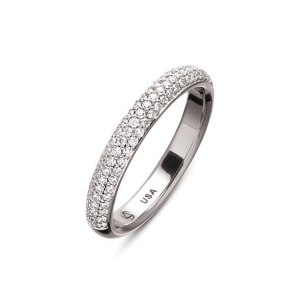 In stock, U.S. size 6.25, in platinum. The Omega Band 3 Row Pave Halfway Around features three rows of diamonds and is designed to correspond with the Omega Ring's profiles, but can be worn alone or in a ring stack. The diamonds stretch across half of the diameter of this band. Available in platinum and 18-karat yellow, rose, or white gold. Call for pricing variations. Omega Band 3 Row Pave Halfway Around Pt950 3.9g