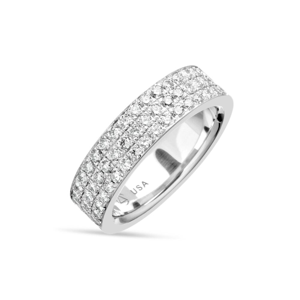 In stock, U.S. size 6.25, in platinum with (60) 1.5 mm round diamonds. The 3 Row Pave Square Halfway Around Band is designed to be paired with any of our Hard Omega (HO)-style rings or worn separately. Three channels of melee extends halfway around the band.<br> 3 Row Pave Band in Platinum, 13.3g, Size 6.25