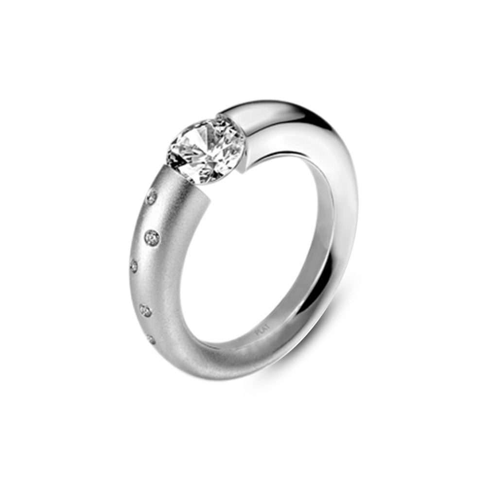 In stock, U.S. size 6.25, in platinum with a half matte finish. Set with a 6.5mm round CZ. This ring features 5 diamond melee scattered on one side. Width of ring is 62% of center stone diameter. Center Stone NOT included.<br> Sush Ring in Half Matte Platinum with Scattered Melee Size 6.25