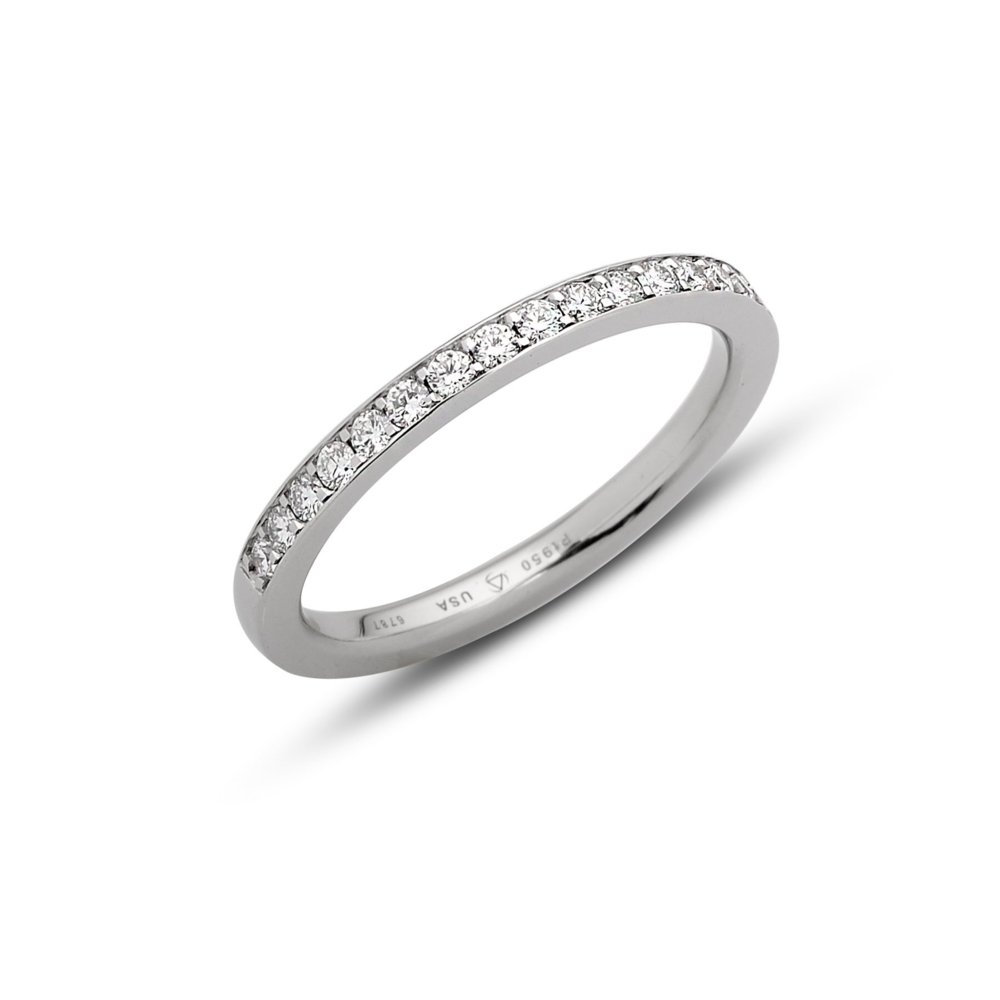 In stock, U.S. size 6.25, in platinum, set with 1.5 mm diamond melee, halfway around the band. The Celia band is designed to be paired with our Estelle or Celia Rings or worn separately.<br> Celia Band in Platinum with 1.5mm melee Size 6.25