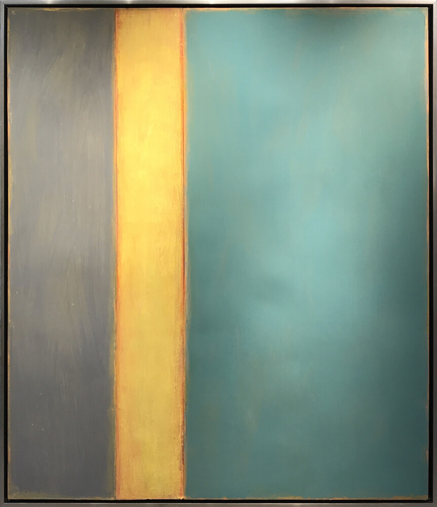 This framed piece of acrylic on wood panel wall art by David Rothermel adds accent to any room. Softly Spoken features grey, yellow and blue color tones. Softly Spoken