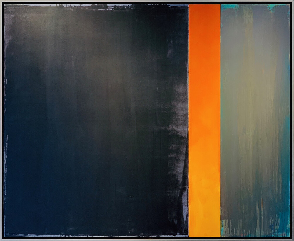 This framed piece of acrylic on wood panel wall art by David Rothermel adds accent to any room. Razor features black, orange and grey color tones. Razor