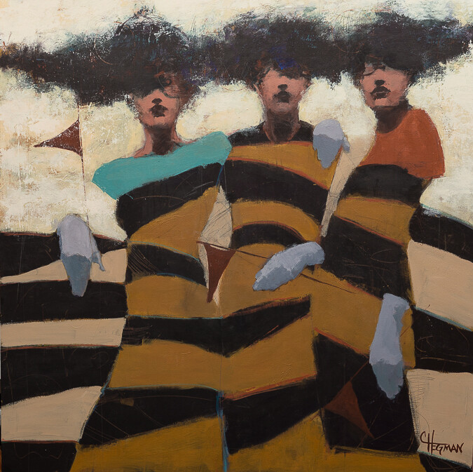 This acrylic on wood wall art by contemporary figurative artist Cathy Hegman features a familiar, strange and enigmatic two-dimensional shape that integrates into and out of the background shapes. Faceless, diffused and dimly lit, Red Flags is a pigmented push and pull of visual weight that seems to give the painting life without giving either a portrait or caricature of anyone thereby illuminating a common linkage and forming a metaphorical bond between the artist and the viewer. Red Flags