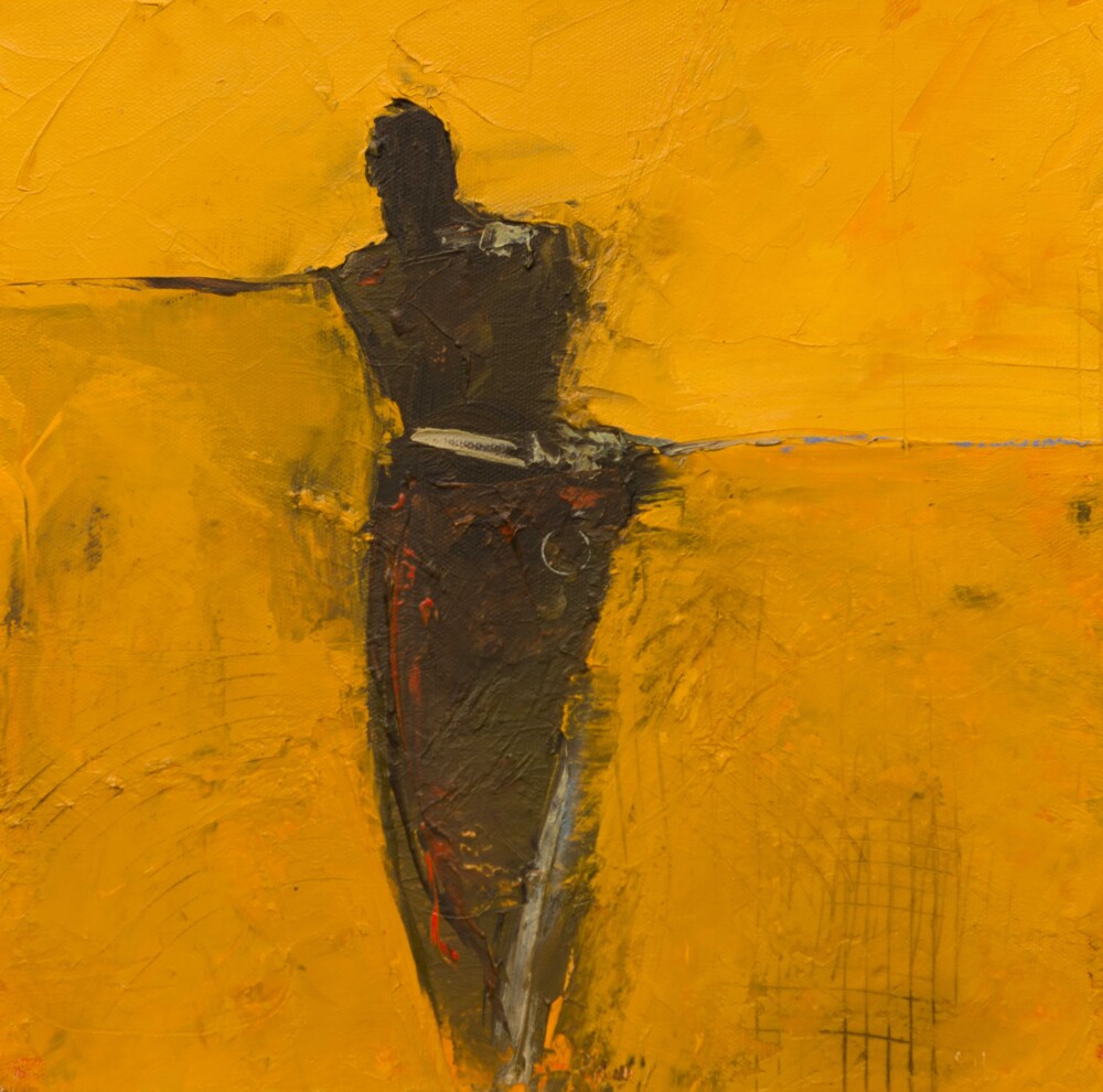 This oil on canvas wall art by contemporary figurative artist Cathy Hegman features a familiar, strange and enigmatic two-dimensional shape that integrates into and out of the background shapes. Faceless, diffused and dimly lit, Yellow Fashionista I is a pigmented push and pull of visual weight that seems to give the painting life without giving either a portrait or caricature of anyone thereby illuminating a common linkage and forming a metaphorical bond between the artist and the viewer. Yellow Fashionista I