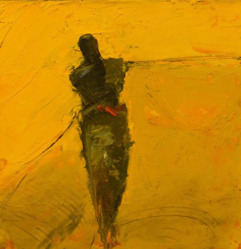 This oil on canvas wall art by contemporary figurative artist Cathy Hegman features a familiar, strange and enigmatic two-dimensional shape that integrates into and out of the background shapes. Faceless, diffused and dimly lit, Yellow Fashionista II is a pigmented push and pull of visual weight that seems to give the painting life without giving either a portrait or caricature of anyone thereby illuminating a common linkage and forming a metaphorical bond between the artist and the viewer. Yellow Fashionista II