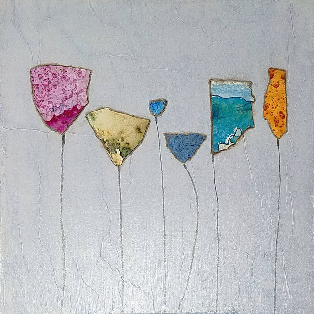 This mixed media on wood panel wall art by Peter Kuttner is a lively and colorful piece with intoxicating texture and depth. Part of the artist’s Cut-Out series, Eye Movement resembles a collection of flourishing flowers. Eye Movement