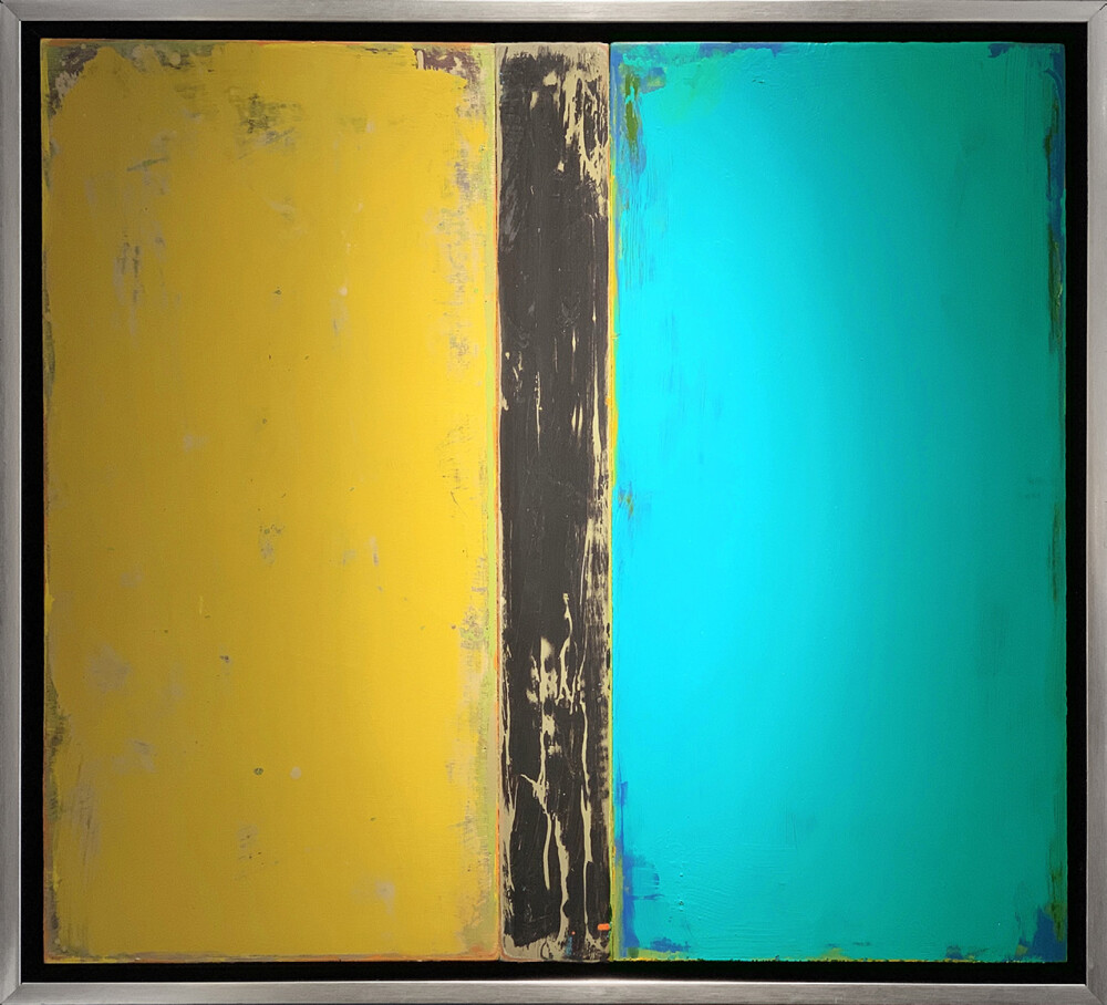 This acrylic on wood panel wall art by David Rothermel adds accent to any room. Reflection features yellow, black and aqua color tones. Reflection