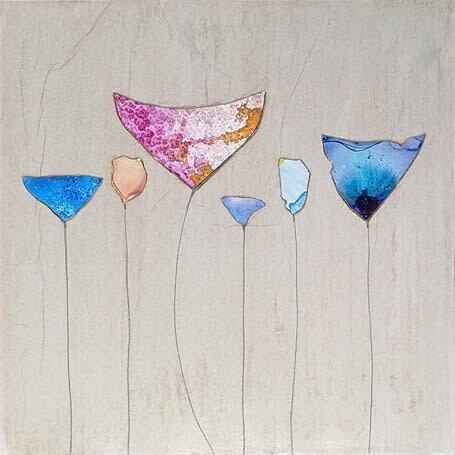 This mixed media on wood panel wall art by Peter Kuttner is a lively and colorful piece with intoxicating texture and depth. Part of the artist’s Cut-Out series, Lush Life resembles a collection of flourishing flowers. Lush Life