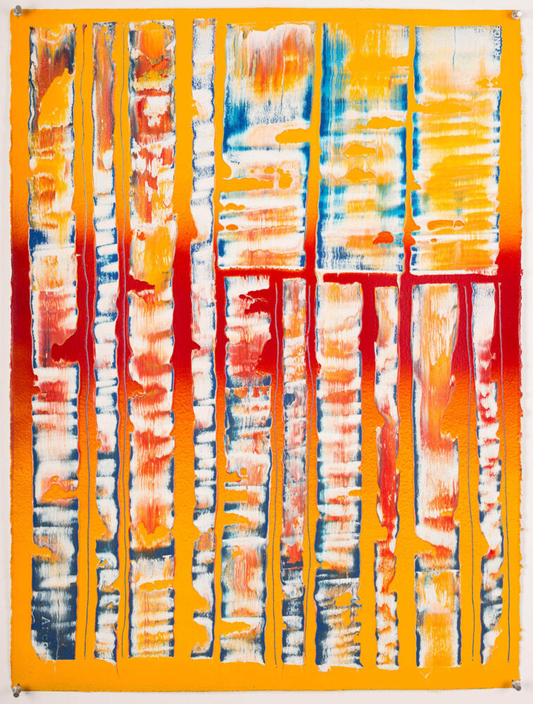 This thought-provoking wall part by R. Nelson Parrish is comprised of hand-scored pigment on paper. Featuring color tones of yellow and red, Mark and Ray is part of the artist's 21 Flags series of contemporary abstract paintings, which explores the meaning and symbolism of the United States flag. 21 Flags Mark And Ray