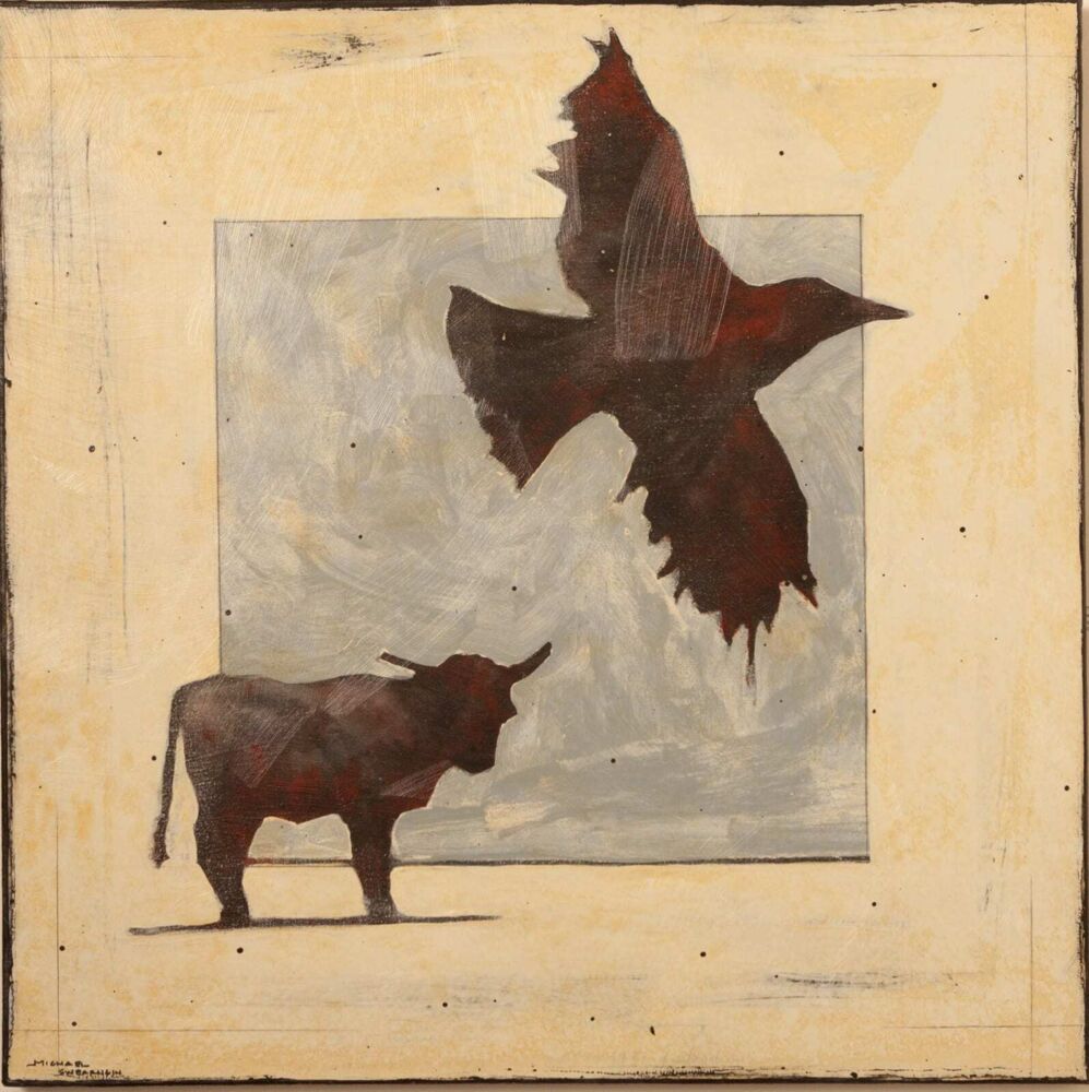 This acrylic on canvas wall art by Michael Swearngin marries the artist's abstract style with his lifelong knowledge of livestock. As the Crow Flies III features images of a crow and a steer against a stark background. As The Crow Flies III