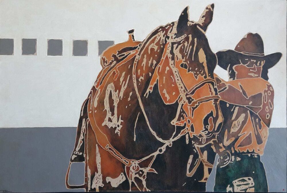 This acrylic on canvas wall art by Michael Swearngin marries the artist's abstract style with his lifelong knowledge of livestock. Featuring the image of a horse and rider, She Has Horses to Ride and People to See is full of movement and seems to vibrate with energy. She Has Horses To Ride And People To See