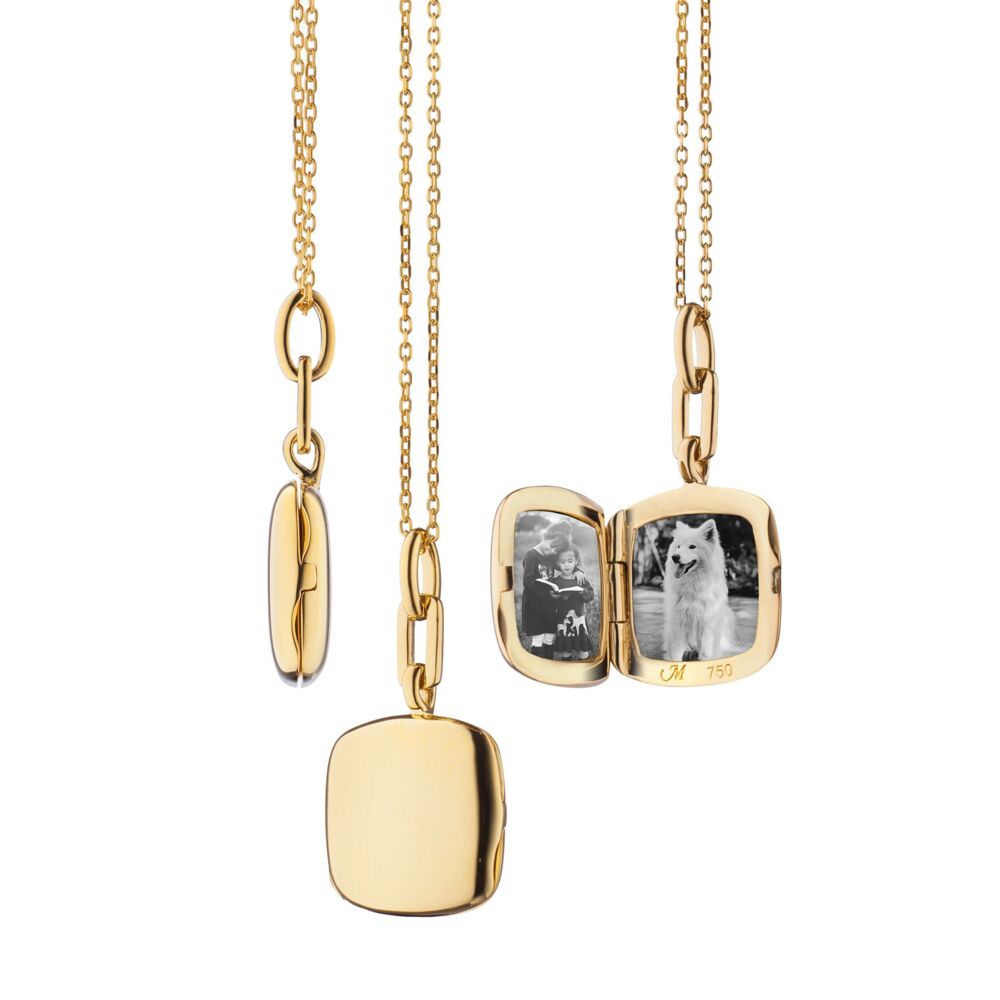 This truly dazzling 18K yellow gold slim cushion "Viv"locket brought to you by Monica Rich Kosann brings absolute beauty and elegance. It comes with a 17” delicate cable chain. “Viv” Locket (Yellow Gold)