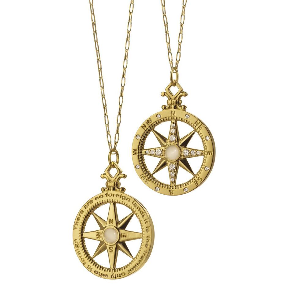 This marvelous 18K yellow gold global compass charm brought to you by Monica Rich Kosann brings attention to detail. It features beautiful diamond accents as well as a spectacular center moonstone and comes with a 30" delicate belcher chain. Global Compass Charm (Yellow Gold)