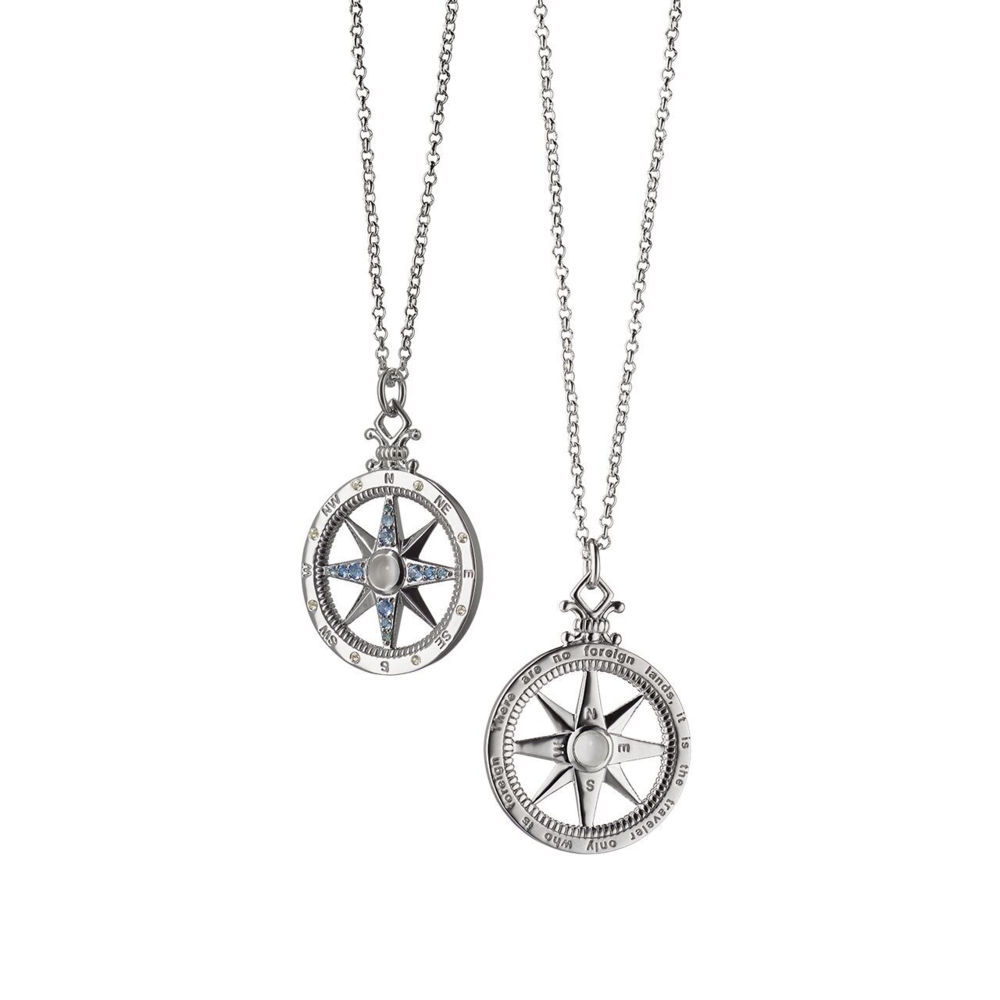This breathtakingly beautiful sterling silver global compass charm brought to you by Monica Rich Kosann brings dazzling elegance. It features marvelous moonstone cabochon and blue sapphire accents and comes with a 30" miniature belcher chain. Global Compass Charm (Sterling Silver)