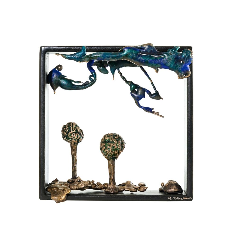 This ravishing wall sculpture by artist Jennyfer Stratman is comprised of bronze, steel and pigment. Decoding the Trees explores the interconnectedness between nature and human form. Decoding The Trees