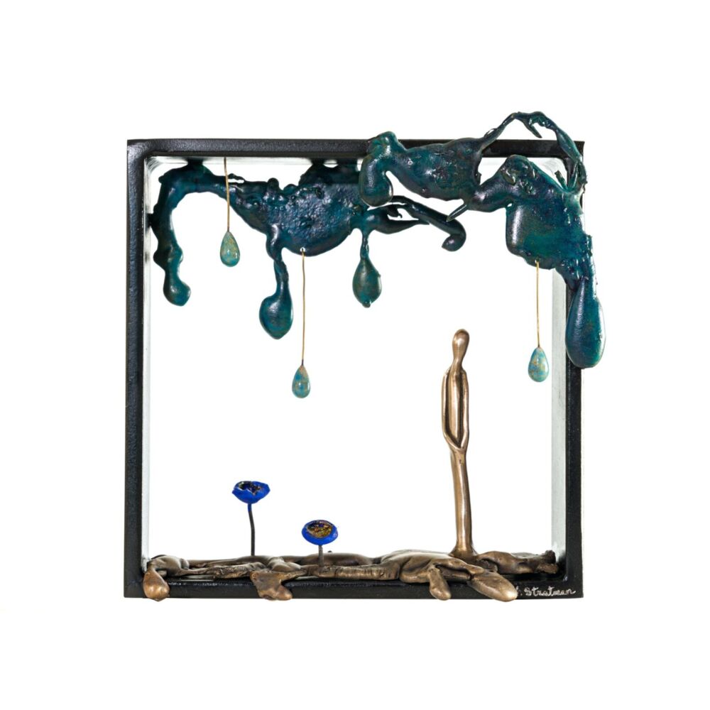 This engaging wall sculpture by artist Jennyfer Stratman is comprised of bronze, steel, turquoise and pigment. Listening to the Rain explores the interconnectedness between nature and human form. Listening To The Rain