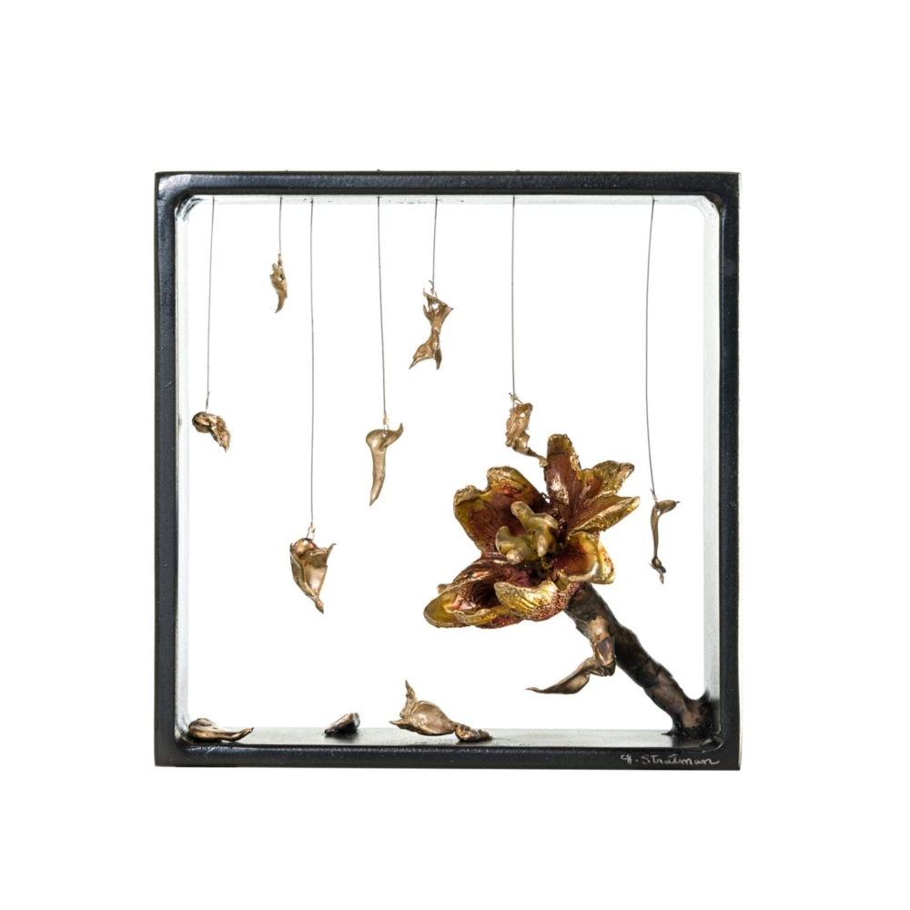 This charming wall sculpture by artist Jennyfer Stratman is comprised of bronze, steel, wire and pigment. Pollinate explores the interconnectedness between nature and human form. Pollinate