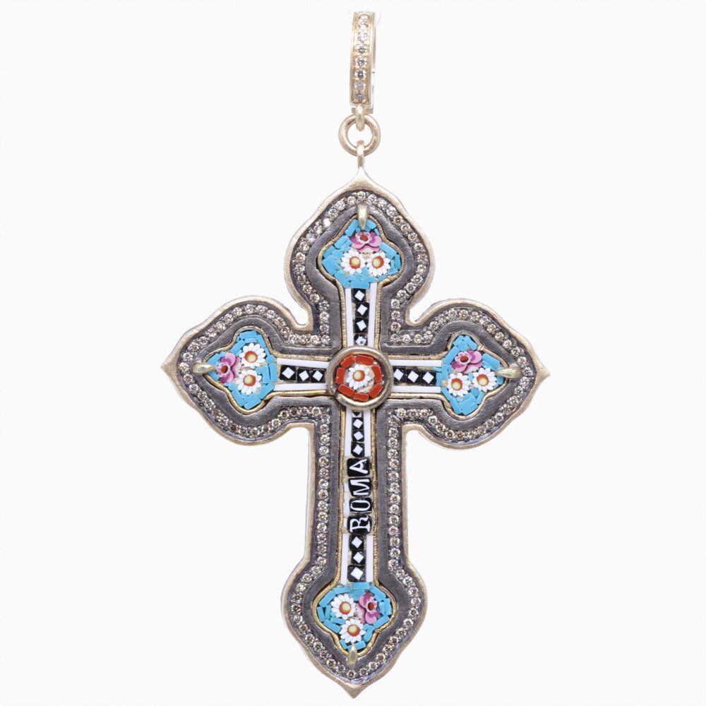 This original Italian Micro Mosaic Cross from the Grand Tour period 1680-1880. During that time students were traveling to Europe to further enrich their classical studies. As they traveled throughout Europe they brought home small piece from their travels. This original Grand Tour micro mosaic is set in a Cynthia Ann 14k yellow gold 6.36g, champagne diamond 0.80 tcw, and rhodium sterling bezel. The Cross has manly turquoise, white, and blue tiles. Italian Grand Tour Roma Micro Mosaic Cross Pendant