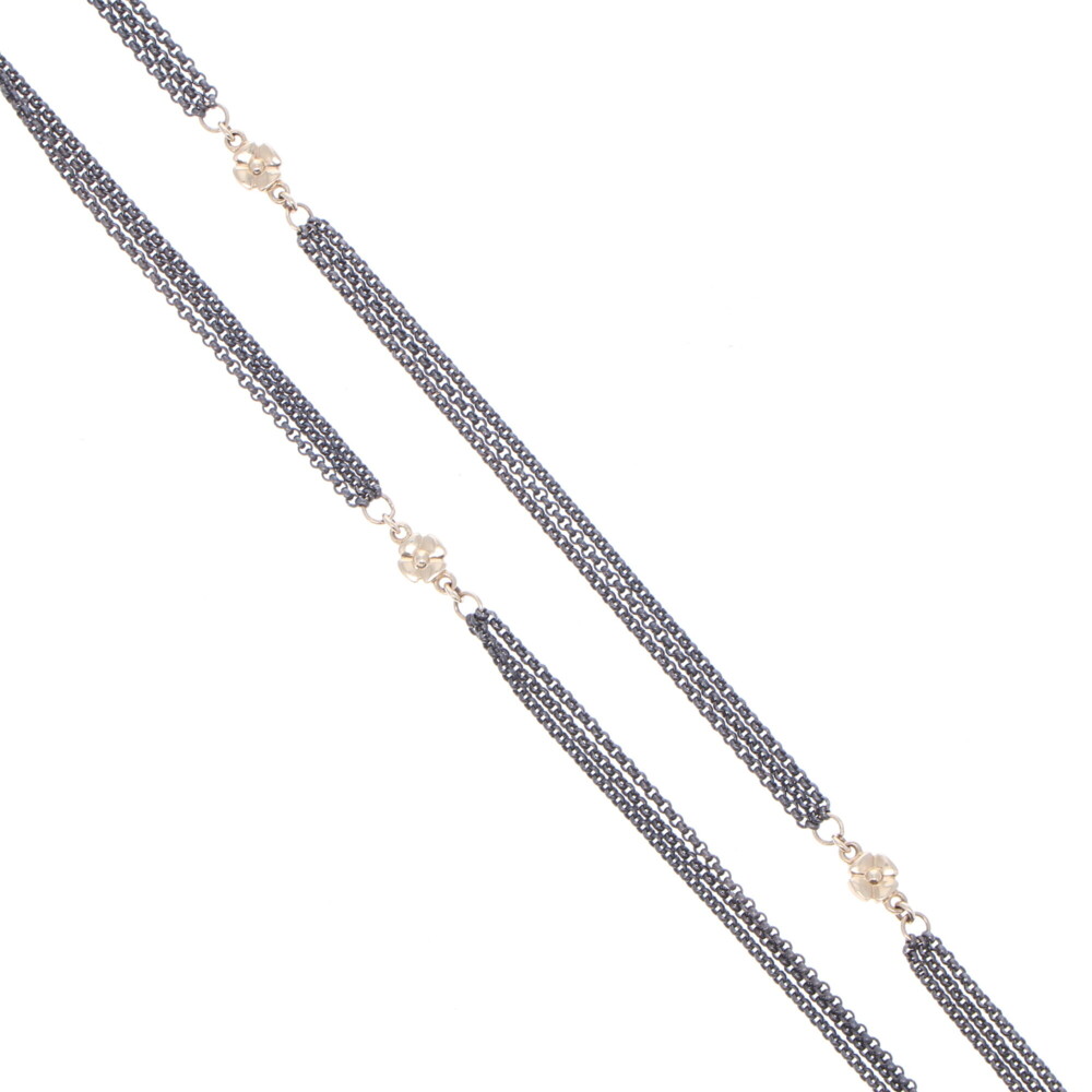 Handcrafted 14k gold cross stations are connected with three smaller rhodium sterling chains throughout the necklace. This chain consists of 4.91g 14k Gold and Rhodium Sterling. Cross Station Chain