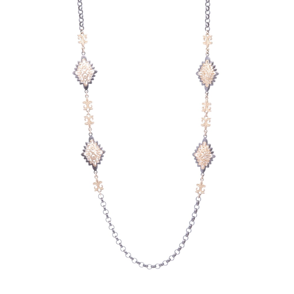 Handcrafted decorative layering chain with four abstract stations. This chain may be doubled or worn as a long layer. Made with 14k Gold 16.75g and Rhodium Sterling. Royal Abstract Gold Chain