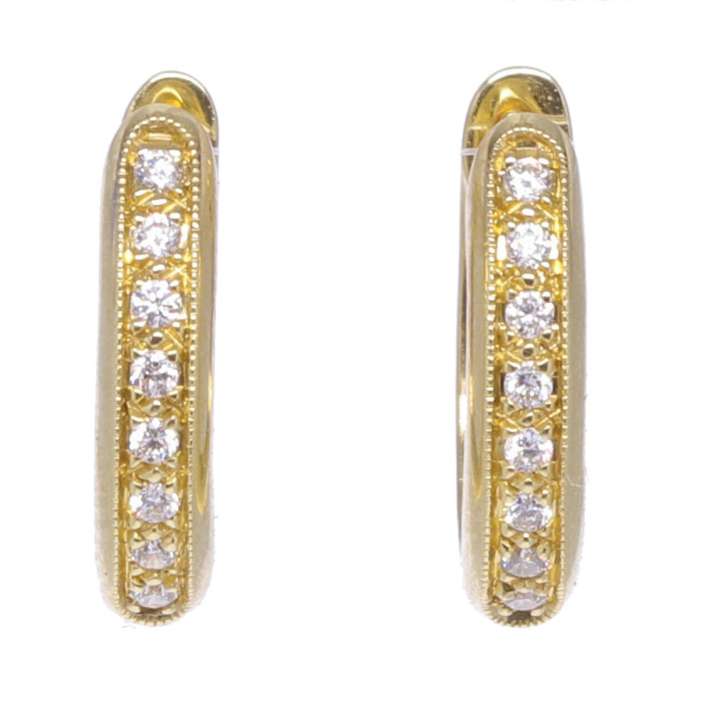 Hang your earring charms + frames on these huggie hoops. They hug your ears to make your earring charms stand out! These solid 14k yellow gold 1.55g hoops have sixteen diamonds 0.08 tcw. Yellow Gold Huggie