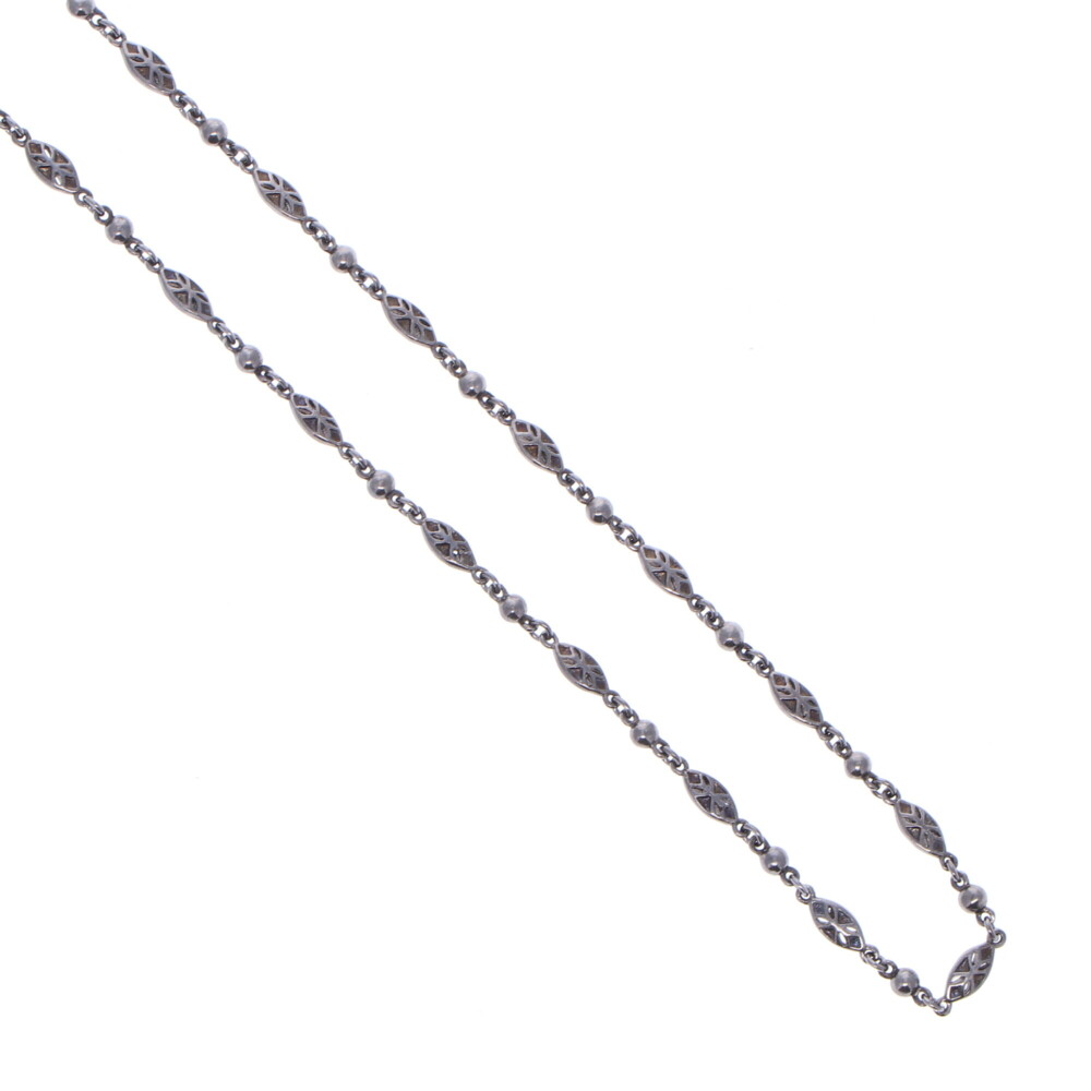 This handcrafted rhodium sterling tiny polished marquis linked chain is one of the smallest gauges of chain in the collection. It's sweet size is perfect for layering or hanging up high. The 14k gold weight is 2.22g. Tiny Polished Marquise Rhodium Sterling Chain Link Necklace
