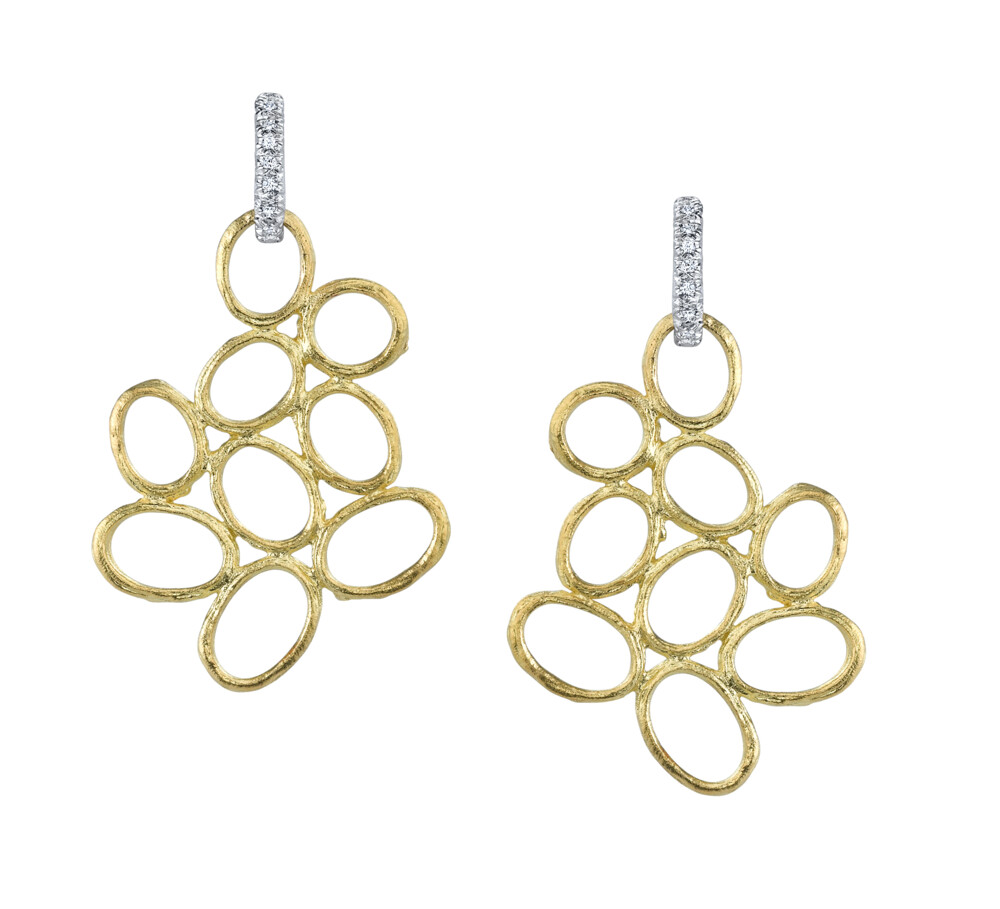 These truly amazing 19K yellow gold earrings brought to you by Aaron Henry Designs bring a remarkably unique beauty. They feature a free form olive branch design hanging from 18K white gold 0.11 carat diamond stems. Free Form Olive Branch Earrings