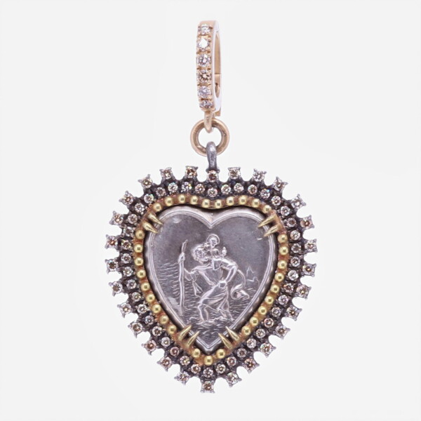 Closeup photo of St.Christopher "The Gentle Giant In The River" Heart Pendant