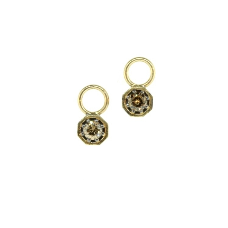 These tiny champagne diamond 0.31tcw earring charms are handcrafted with 14k yellow gold 0.85tcw and rhodium sterling. Tiny Champagne Diamond Octagon Earring Charms