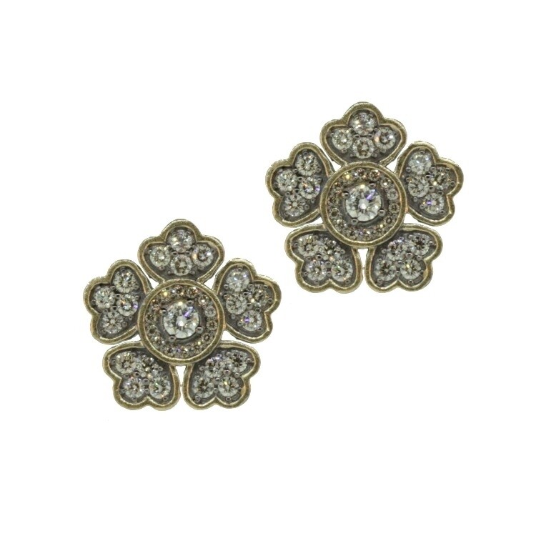 These In-Bloom large flower studs have 2.00 tcw of sparking champagne diamond. Handcrafted with 14k yellow gold 7.97g, and rhodium sterling. In Bloom Large Flower Diamond Stud Earrings