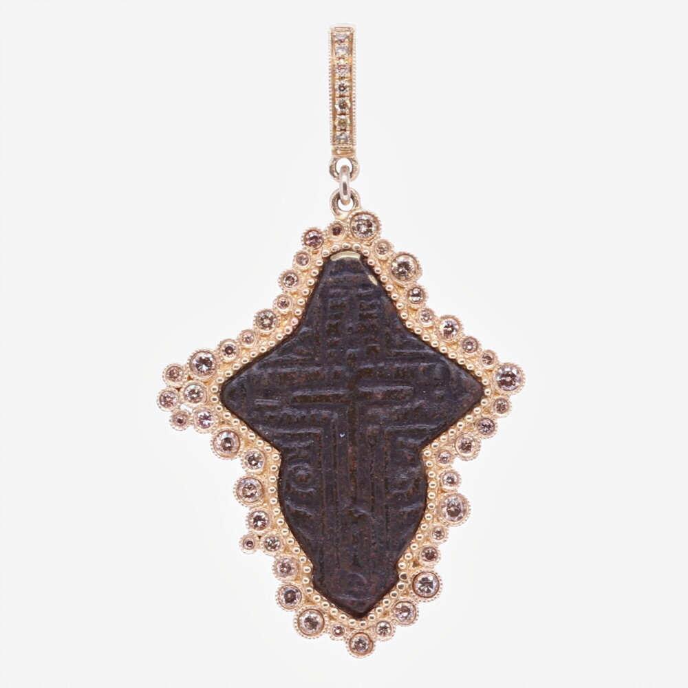 This antique Russian Orthodox Cross has been set inside a solid 14k 7.54g Yellow Gold and Diamond 0.79 tcw bezel. The bale has a 4mm opening. Russian Orthodox Cross Pendant