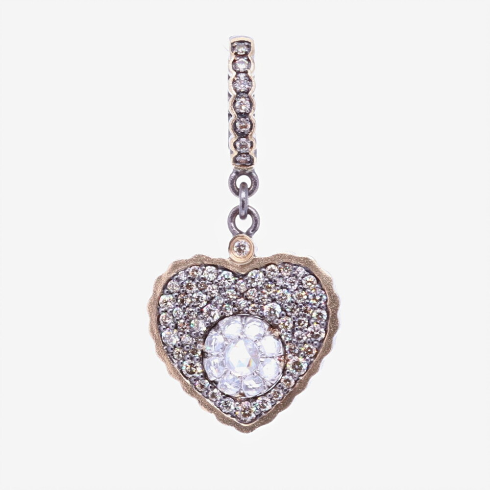 This small sized scalloped heart pendant is emphasizing a rose cut diamond flower cluster. The bezel is 14k Yellow Gold 2.8g, 2.27 ctw Diamonds, and rhodium sterling silver. The bale has a 4mm opening. Heart shaped Pendant