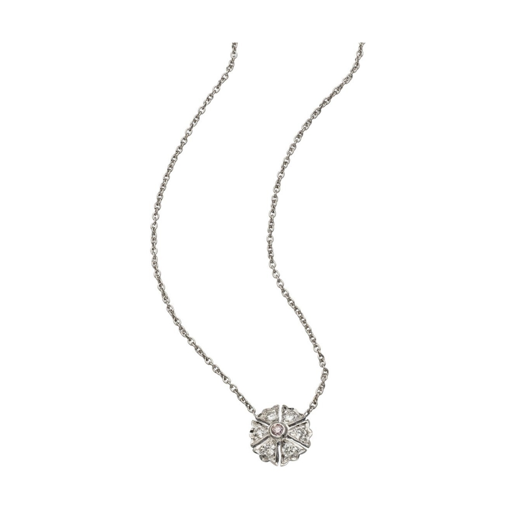 18Kt WG Chain w 18"/16" Jump ring. White Diamond pendant w/a Pink Diamond Center 0.08 ctw Camelia Necklace
