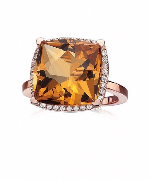 18Kt Rose Gold Ring set with a Cushion Citrine with a Diamond halo 0.23 Ctw 18Kt RG ring with a 13mm Cushion Citrine and Diamonds