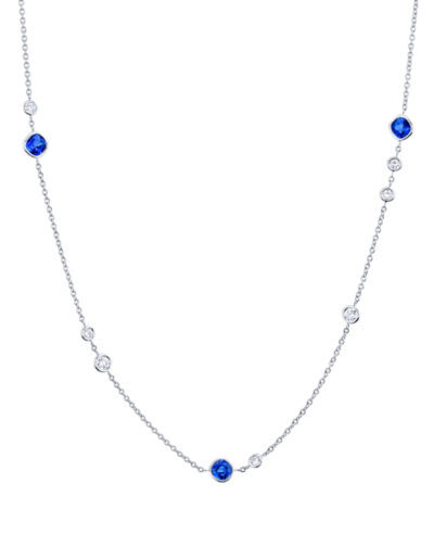 Platinum Diamonds by the Inch Chain w/4 Cushion Ceylon Blue Sapphires 2.32ctw and 10 Round Diamonds 0.94 ctw, FG/SI1 DBY Necklace