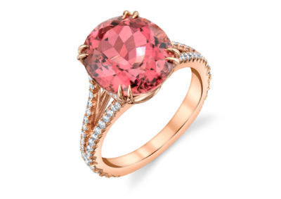 18KT RG Ring set w/a 6.57 ct Cushion Peach/Pink Tourmaline w 0.58 ctw of Round Diamonds down a Split Shank Band Ring