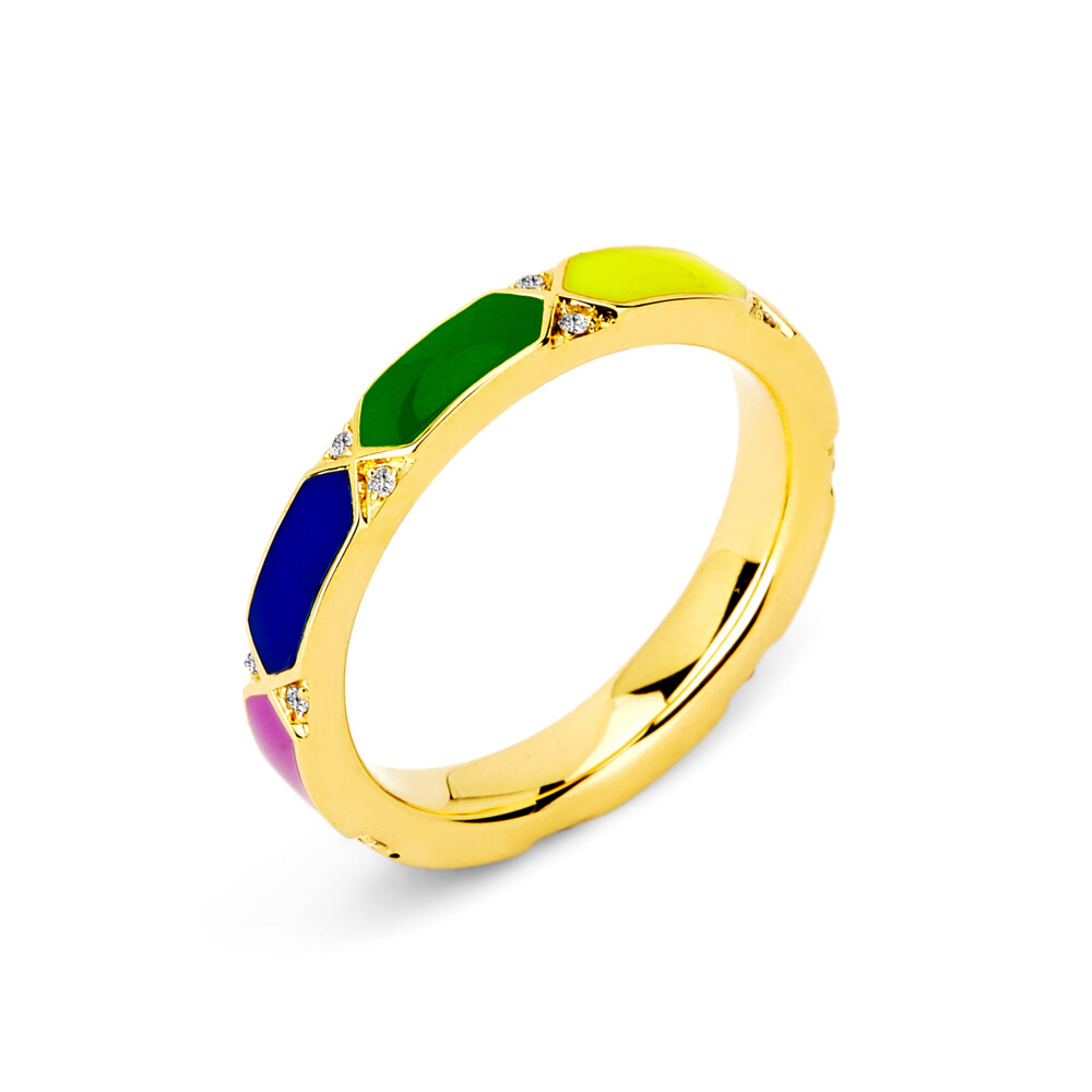 18Kt YG Stacking Band set with Multi Color Enamel and 0.06 ctw of Champagne Diamonds Rainbow