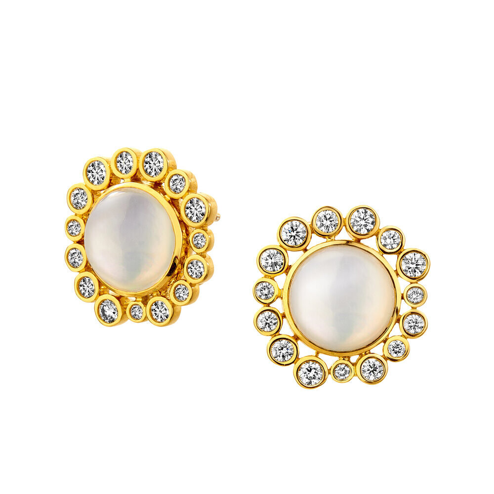 18Kt YG Clip Back Earrings with Round Doublet of Moon Quartz and Mother of Pearl and Bezel set Diamond Halo. Doublet/4 ctw and Diam/1.00 ctw Bauble Earrings