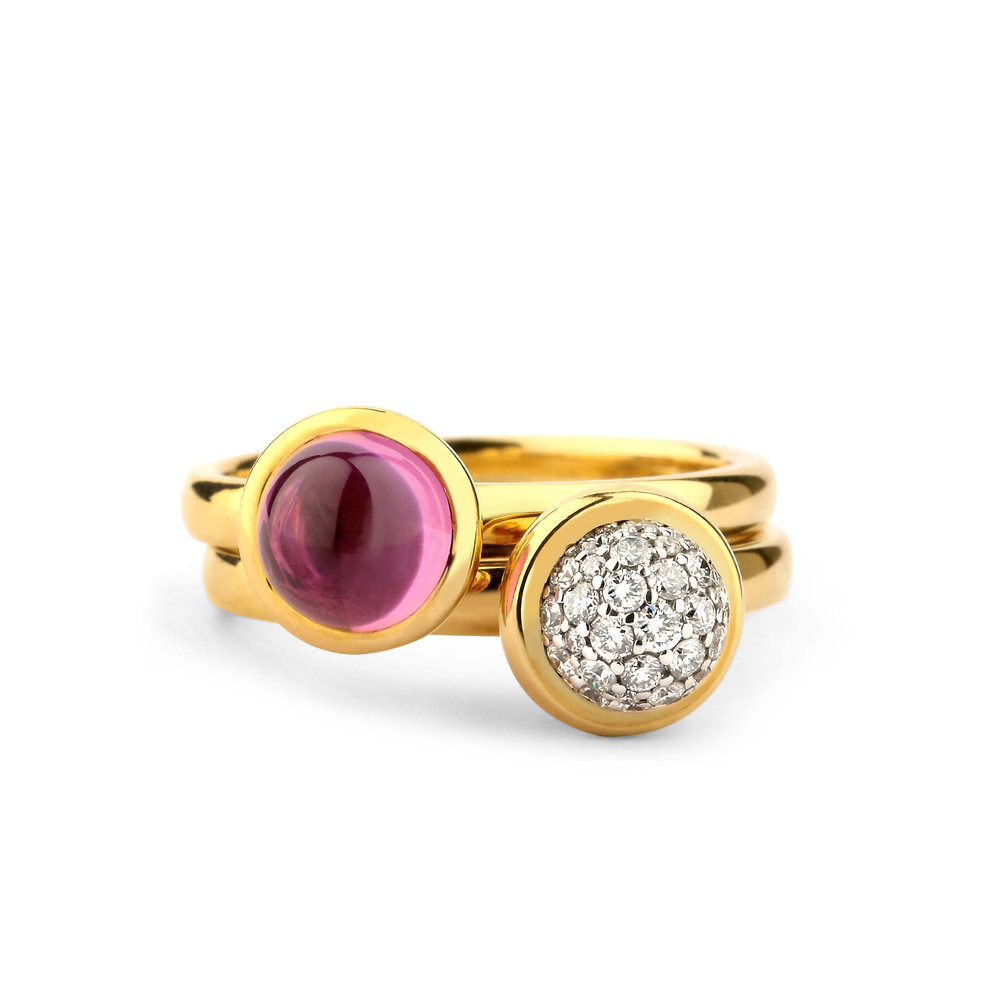 18Kt YG Stacking Ring set with a 1.5 ct Rubellite pictured with a Diamond Stacker Baubles Ring