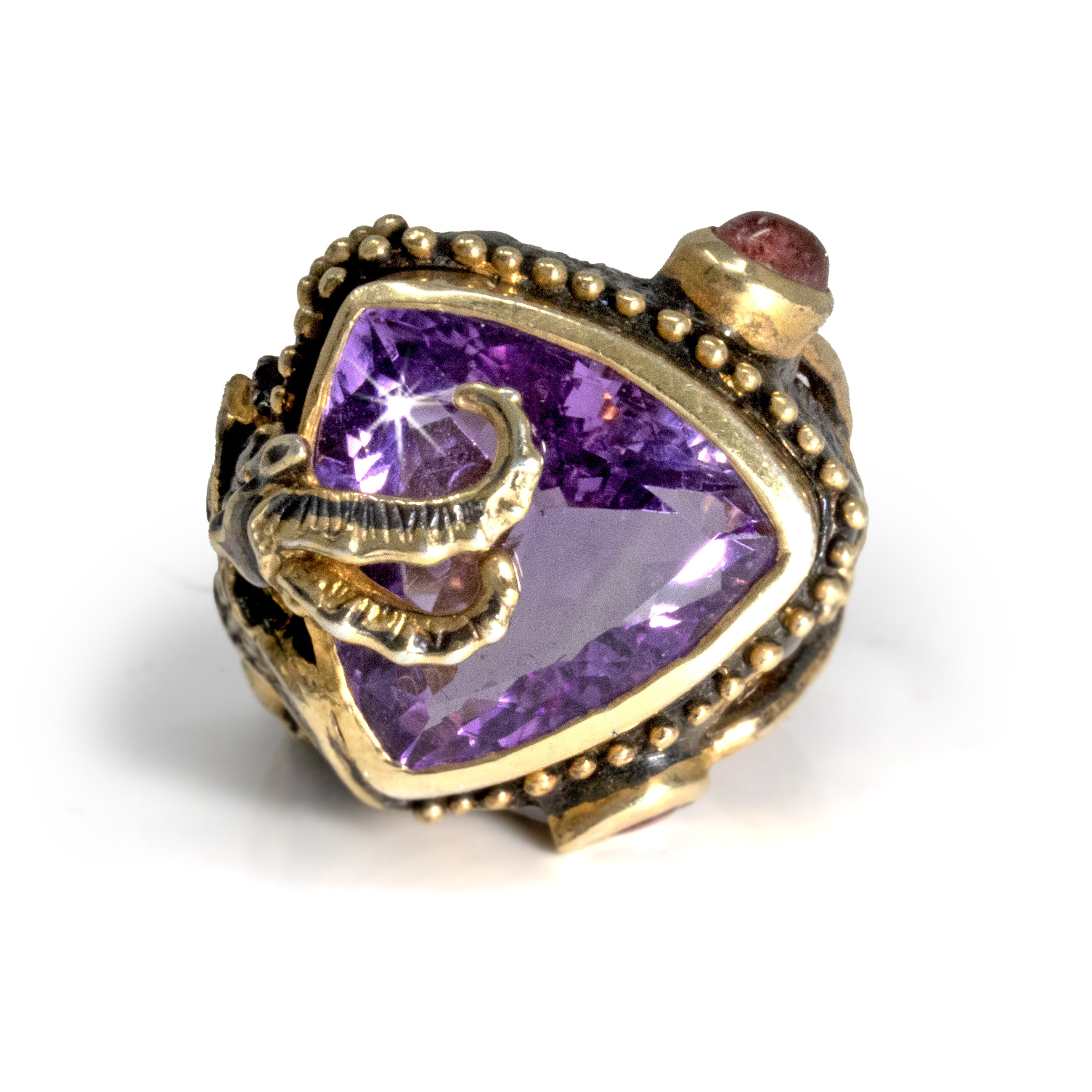 Amethyst Ring Trillion With Oval Pink Tourmaline Cabochon  Chimera Gold Vermeil Size 7 5