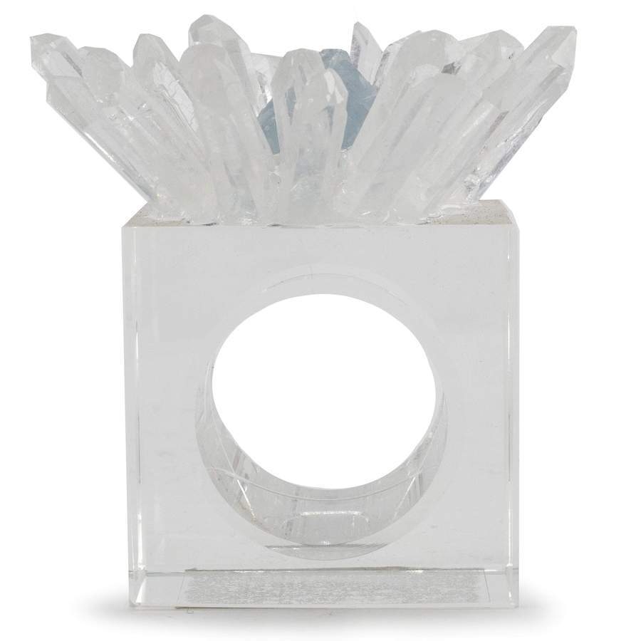 <font size="4"><span style="font-family: "EB Garamond";">Quartz & Celestine Flower Napkin Holder 4pc Set</span></font><div style="position: initial; margin: initial; font-family: "EB Garamond";"><font size="4"><br style="position: initial; margin: initial; font-family: "EB Garamond";"></font></div><div style="position: initial; margin: initial; font-family: "EB Garamond";"><div style="margin: initial; padding: 0px; border: 0px; font-variant-numeric: inherit; font-variant-east-asian: inherit; font-stretch: inherit; line-height: inherit; font-family: "EB Garamond"; vertical-align: baseline; clear: both; color: rgb(51, 51, 51); position: initial;"><p style="margin: initial; padding: 0px; border: 0px; font-style: inherit; font-variant: inherit; font-weight: inherit; font-stretch: inherit; line-height: inherit; font-family: "EB Garamond"; vertical-align: baseline; position: initial;"><span style="margin: initial; padding: 0px; border: 0px; font-style: inherit; font-variant: inherit; font-weight: inherit; font-stretch: inherit; line-height: inherit; font-family: "EB Garamond"; vertical-align: baseline; position: initial;"><font size="4">For an elegant table setting, these crystal napkin rings are furnished with fine gemstones to make a beautifully decorative piece for all spaces. Included in this set is (4) individual napkin holders.</font></span></p><p style="margin: initial; padding: 0px; border: 0px; font-style: inherit; font-variant: inherit; font-weight: inherit; font-stretch: inherit; line-height: inherit; font-family: "EB Garamond"; vertical-align: baseline; position: initial;"><span style="margin: initial; padding: 0px; border: 0px; font-style: inherit; font-variant: inherit; font-weight: inherit; font-stretch: inherit; line-height: inherit; font-family: "EB Garamond"; vertical-align: baseline; position: initial;"><font size="4">Despite their delicate look, our Gemstone Napkin Rings are incredibly sturdy to ensure they will be treasured for years to come.</font></span></p><p style="margin: initial; padding: 0px; border: 0px; font-style: inherit; font-variant: inherit; font-weight: inherit; font-stretch: inherit; line-height: inherit; font-family: "EB Garamond"; vertical-align: baseline; position: initial;"><span style="margin: initial; padding: 0px; border: 0px; font-style: inherit; font-variant: inherit; font-weight: inherit; font-stretch: inherit; line-height: inherit; font-family: "EB Garamond"; vertical-align: baseline; position: initial;"><font size="4">The quartz elestials are hand-placed on top of the acrylic ring by master craftsmen to create the highest quality of functionality. All gemstones used are 100% natural; therefore, please allow for slight variation in color and shape.</font></span></p><p style="margin: initial; padding: 0px; border: 0px; font-style: inherit; font-variant: inherit; font-weight: inherit; font-stretch: inherit; line-height: inherit; font-family: "EB Garamond"; vertical-align: baseline; position: initial;"><span style="margin: initial; padding: 0px; border: 0px; font-style: inherit; font-variant: inherit; font-weight: inherit; font-stretch: inherit; line-height: inherit; font-family: "EB Garamond"; vertical-align: baseline; position: initial;"><font size="4">Featured in the center of the Quartz is natural Blue Celestite. Celestite is adored for its ability to:</font></span></p><ul style="margin: initial; padding: 0px; border: 0px; font-style: inherit; font-variant: inherit; font-weight: inherit; font-stretch: inherit; line-height: inherit; font-family: "EB Garamond"; vertical-align: baseline; position: initial;"><li style="margin: initial; padding: 0px; border: 0px; font-style: inherit; font-variant: inherit; font-weight: inherit; font-stretch: inherit; line-height: inherit; font-family: "EB Garamond"; vertical-align: baseline; list-style: outside disc; position: initial;"><font size="4">Stimulate and support the throat, third eye, and crown chakras.</font></li><li style="margin: initial; padding: 0px; border: 0px; font-style: inherit; font-variant: inherit; font-weight: inherit; font-stretch: inherit; line-height: inherit; font-family: "EB Garamond"; vertical-align: baseline; list-style: outside disc; position: initial;"><font size="4">Unlock your psychic and intuitive abilities.</font></li><li style="margin: initial; padding: 0px; border: 0px; font-style: inherit; font-variant: inherit; font-weight: inherit; font-stretch: inherit; line-height: inherit; font-family: "EB Garamond"; vertical-align: baseline; list-style: outside disc; position: initial;"><font size="4">Motivate you with passion and purpose.</font></li></ul><p style="margin: initial; padding: 0px; border: 0px; font-style: inherit; font-variant: inherit; font-weight: inherit; font-stretch: inherit; line-height: inherit; font-family: "EB Garamond"; vertical-align: baseline; position: initial;"><font size="4">Ring Top Dimensions: 3" x 3"</font></p><p style="margin: initial; padding: 0px; border: 0px; font-style: inherit; font-variant: inherit; font-weight: inherit; font-stretch: inherit; line-height: inherit; font-family: "EB Garamond"; vertical-align: baseline; position: initial;"><font size="4">Napkin Hole Dimensions: 1.25" x 1.25"</font></p><p style="margin: initial; padding: 0px; border: 0px; font-style: inherit; font-variant: inherit; font-weight: inherit; font-stretch: inherit; line-height: inherit; font-family: "EB Garamond"; vertical-align: baseline; position: initial;"><font size="4">Ring Height: 3"</font></p><p style="margin: initial; padding: 0px; border: 0px; font-style: inherit; font-variant: inherit; font-weight: inherit; font-stretch: inherit; line-height: inherit; font-family: "EB Garamond"; vertical-align: baseline; position: initial;"><font size="4">Your set will arrive safely packaged in a gift box for safe keeping and gifting to your friends and family.</font></p><p style="margin: initial; padding: 0px; border: 0px; font-style: inherit; font-variant: inherit; font-weight: inherit; font-stretch: inherit; line-height: inherit; font-family: "EB Garamond"; vertical-align: baseline; position: initial;"><font size="4">Your satisfaction is 100% guaranteed with our 30 day-money back warranty.</font></p><div style="font-size: 16px; position: initial; margin: initial;"><br style="position: initial; margin: initial;"></div></div></div> Quartz & Celestine Flower Napkin Holder 4pc Set