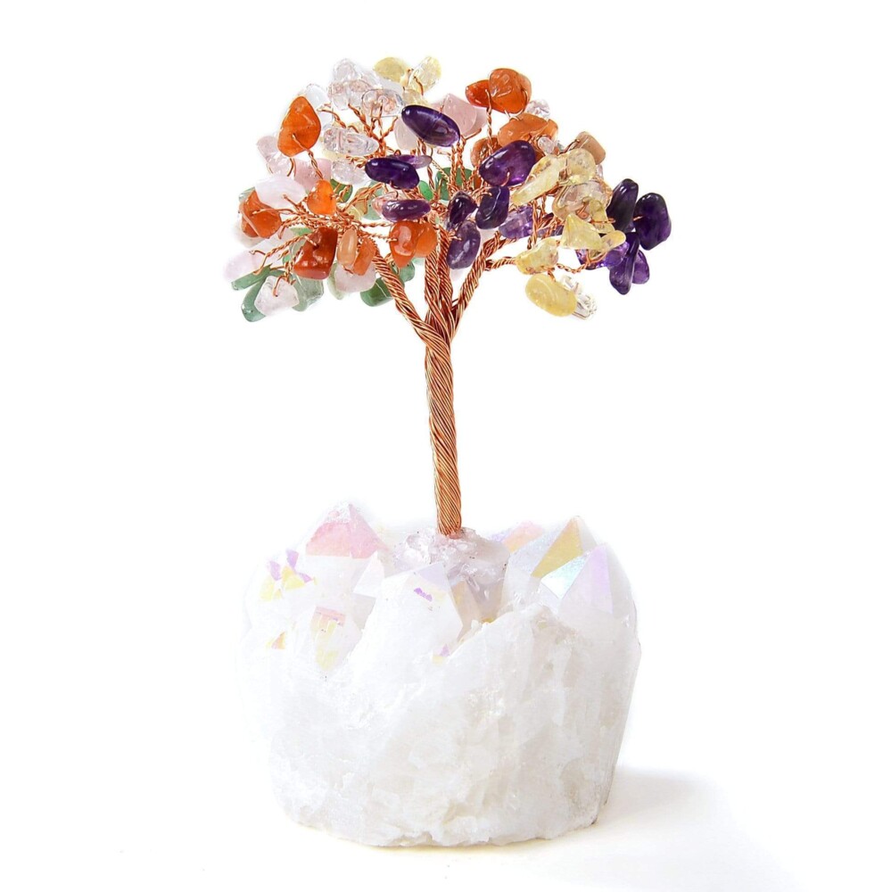 <font size="4" style="font-family: "EB Garamond";">Multi Beaded Gemstone Tree On Angel Aura Coated Quartz Crystal Base</font><div style="position: initial; margin: initial; font-family: "EB Garamond";"><font size="4"><br style="position: initial; margin: initial; font-family: "EB Garamond";"></font></div><div style="position: initial; margin: initial; font-family: "EB Garamond";"><p style="margin: initial; padding: 0px; border: 0px; font-variant-numeric: inherit; font-variant-east-asian: inherit; font-stretch: inherit; line-height: inherit; font-family: "EB Garamond"; vertical-align: baseline; color: rgb(51, 51, 51); position: initial;"><font size="4">All natural semi-precious gemstones estimated at 108 pieces.</font></p><p style="margin: initial; padding: 0px; border: 0px; font-variant-numeric: inherit; font-variant-east-asian: inherit; font-stretch: inherit; line-height: inherit; font-family: "EB Garamond"; vertical-align: baseline; color: rgb(51, 51, 51); position: initial;"><font size="4">Featured in this tree are 6 natural stones.</font></p><ul style="margin: initial; padding: 0px; border: 0px; font-variant-numeric: inherit; font-variant-east-asian: inherit; font-stretch: inherit; line-height: inherit; font-family: "EB Garamond"; vertical-align: baseline; color: rgb(51, 51, 51); position: initial;"><li style="margin: initial; padding: 0px; border: 0px; font-style: inherit; font-variant: inherit; font-weight: inherit; font-stretch: inherit; line-height: inherit; font-family: "EB Garamond"; vertical-align: baseline; list-style: outside disc; position: initial;"><font size="4"><strong style="margin: initial; padding: 0px; border: 0px; font-style: inherit; font-variant: inherit; font-stretch: inherit; line-height: inherit; font-family: "EB Garamond"; vertical-align: baseline; position: initial;">Amethyst: </strong>Crown Chakra - Protection, Purification, Spirituality. </font></li><li style="margin: initial; padding: 0px; border: 0px; font-style: inherit; font-variant: inherit; font-weight: inherit; font-stretch: inherit; line-height: inherit; font-family: "EB Garamond"; vertical-align: baseline; list-style: outside disc; position: initial;"><font size="4"><strong style="margin: initial; padding: 0px; border: 0px; font-style: inherit; font-variant: inherit; font-stretch: inherit; line-height: inherit; font-family: "EB Garamond"; vertical-align: baseline; position: initial;">Aventurine: </strong>Heart Chakra - Balance, Calm, Spiritual Awareness.</font></li><li style="margin: initial; padding: 0px; border: 0px; font-style: inherit; font-variant: inherit; font-weight: inherit; font-stretch: inherit; line-height: inherit; font-family: "EB Garamond"; vertical-align: baseline; list-style: outside disc; position: initial;"><font size="4"><strong style="margin: initial; padding: 0px; border: 0px; font-style: inherit; font-variant: inherit; font-stretch: inherit; line-height: inherit; font-family: "EB Garamond"; vertical-align: baseline; position: initial;">Carnelian: </strong>Scacral Chakra - Energy, Balance, Spirit.</font></li><li style="margin: initial; padding: 0px; border: 0px; font-style: inherit; font-variant: inherit; font-weight: inherit; font-stretch: inherit; line-height: inherit; font-family: "EB Garamond"; vertical-align: baseline; list-style: outside disc; position: initial;"><font size="4"><strong style="margin: initial; padding: 0px; border: 0px; font-style: inherit; font-variant: inherit; font-stretch: inherit; line-height: inherit; font-family: "EB Garamond"; vertical-align: baseline; position: initial;">Citrine:</strong> Solar Plexus Chakra - Abundance, Emotional Balance, Chakra Cleanser.</font></li><li style="margin: initial; padding: 0px; border: 0px; font-style: inherit; font-variant: inherit; font-weight: inherit; font-stretch: inherit; line-height: inherit; font-family: "EB Garamond"; vertical-align: baseline; list-style: outside disc; position: initial;"><font size="4"><strong style="margin: initial; padding: 0px; border: 0px; font-style: inherit; font-variant: inherit; font-stretch: inherit; line-height: inherit; font-family: "EB Garamond"; vertical-align: baseline; position: initial;">Quartz: </strong>Crown Chakra - Peace, Amplify Energy, Alleviate Stress.</font></li><li style="margin: initial; padding: 0px; border: 0px; font-style: inherit; font-variant: inherit; font-weight: inherit; font-stretch: inherit; line-height: inherit; font-family: "EB Garamond"; vertical-align: baseline; list-style: outside disc; position: initial;"><font size="4"><strong style="margin: initial; padding: 0px; border: 0px; font-style: inherit; font-variant: inherit; font-stretch: inherit; line-height: inherit; font-family: "EB Garamond"; vertical-align: baseline; position: initial;">Rose Quartz: </strong>Heart Chakra - Trust, Love, Peace.</font></li></ul><p style="margin: initial; padding: 0px; border: 0px; font-variant-numeric: inherit; font-variant-east-asian: inherit; font-stretch: inherit; line-height: inherit; font-family: "EB Garamond"; vertical-align: baseline; color: rgb(51, 51, 51); position: initial;"><font size="4">This beautiful tree rests on a natural Brazilian Quartz base. Clear Quartz is believed to:</font></p><ul style="margin: initial; padding: 0px; border: 0px; font-variant-numeric: inherit; font-variant-east-asian: inherit; font-stretch: inherit; line-height: inherit; font-family: "EB Garamond"; vertical-align: baseline; color: rgb(51, 51, 51); position: initial;"><li style="margin: initial; padding: 0px; border: 0px; font-style: inherit; font-variant: inherit; font-weight: inherit; font-stretch: inherit; line-height: inherit; font-family: "EB Garamond"; vertical-align: baseline; list-style: outside disc; position: initial;"><font size="4">Bring peace.</font></li><li style="margin: initial; padding: 0px; border: 0px; font-style: inherit; font-variant: inherit; font-weight: inherit; font-stretch: inherit; line-height: inherit; font-family: "EB Garamond"; vertical-align: baseline; list-style: outside disc; position: initial;"><font size="4">Alleviate stress and anxiety.</font></li><li style="margin: initial; padding: 0px; border: 0px; font-style: inherit; font-variant: inherit; font-weight: inherit; font-stretch: inherit; line-height: inherit; font-family: "EB Garamond"; vertical-align: baseline; list-style: outside disc; position: initial;"><font size="4">Amplify your energy and intentions.</font></li></ul><p style="margin: initial; padding: 0px; border: 0px; font-variant-numeric: inherit; font-variant-east-asian: inherit; font-stretch: inherit; line-height: inherit; font-family: "EB Garamond"; vertical-align: baseline; color: rgb(51, 51, 51); position: initial;"><font size="4">Measures at 4 inches tall.</font></p><p style="margin: initial; padding: 0px; border: 0px; font-variant-numeric: inherit; font-variant-east-asian: inherit; font-stretch: inherit; line-height: inherit; font-family: "EB Garamond"; vertical-align: baseline; color: rgb(51, 51, 51); position: initial;"><font size="4">As this is an original, hand-made gemstone tree, please allow for slight variations in the size and color of the gemstones shown.</font></p></div> Multi Beaded Gemstone Tree On Angel Aura Coated Quartz Crystal Base