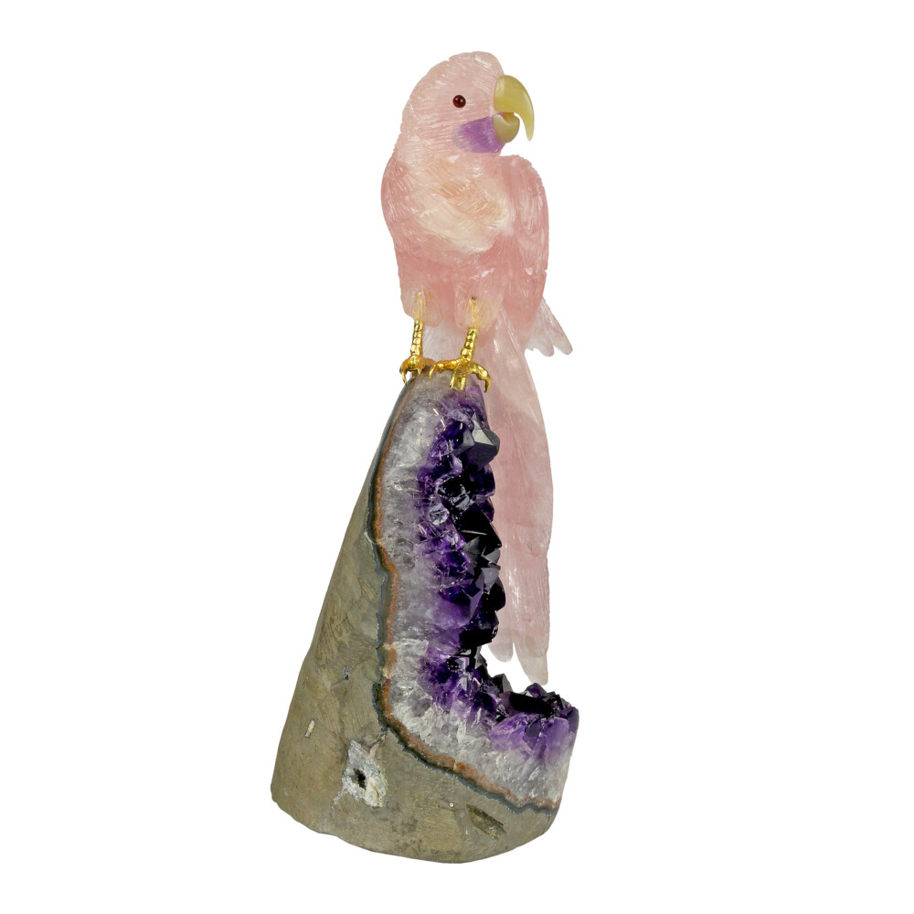 Image 2 for Rose Quartz Macaw Atop Amethyst Geode With Fluorite Tail Feathers