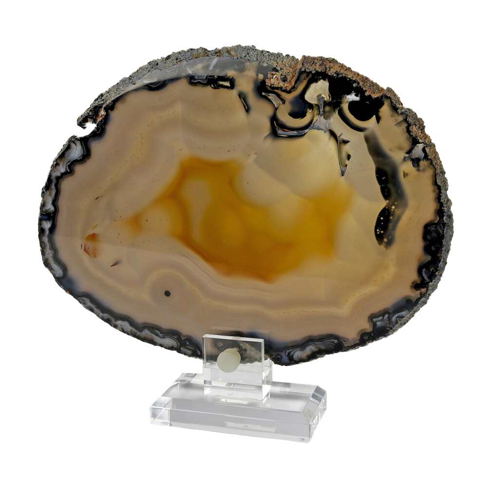 <span style="position: initial; margin: initial;"></span><font style="position: initial; margin: initial; font-family: "EB Garamond";" size="4">Agate Slice On Acrylic Screw-in Stand With Dark Edge And Lavender Botryoidal Patterns.</font><div style="position: initial; margin: initial; font-family: "EB Garamond";"><span style="color: rgb(10, 31, 64); font-family: "EB Garamond"; position: initial; margin: initial;"><span style="font-family: "EB Garamond";"><font style="font-family: "EB Garamond";" size="4">Agate belongs to the quartz family, which makes it a popular crystal for healing, especially due to its composition of silicon dioxide, a mineral that is also found in the human body. The variety of chalcedony bands also help enhance your feelings of stability, which can be incredibly balancing if you’re caught in a cycle of worry and overthinking. It works by connecting you with the gentle vibrations of the Earth, making it a gentle stone with a light, diffused energy. This is why many beginners start with Agate stone in their first collection. With mellow vibrations and a steady rhythm, Agate can bring you a sense of peace and support when you feel scattered or overwhelmed by modern life.</font></span></span><font style="position: initial; margin: initial;"><br style="position: initial; margin: initial;"></font></div> Agate Slice On Acrylic Screw-in Stand With Dark Edge And Lavendar Botryoidal Patterns