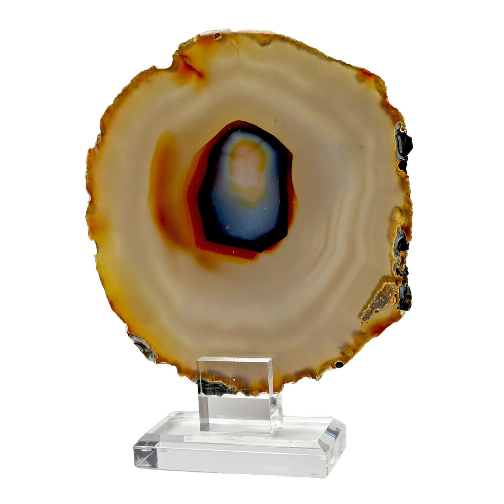 <span style="position: initial; margin: initial;"></span><font style="position: initial; margin: initial;"><span style="font-family: "EB Garamond";"><font size="4">Agate Slice On Acrylic Screw-in Stand With Blue Center & Lavender & Caramel Tones.</font></span></font><div style="position: initial; margin: initial;"><span style="color: rgb(10, 31, 64); font-family: Roboto, sans-serif; position: initial; margin: initial;"><span style="font-family: "EB Garamond";"><font size="4">Natural from Brazil. Compared to other gemstones in the mineral kingdom, Agate properties radiate a lower, more gentle frequency, which makes them an ideal piece for someone looking to slow down and get centered. Agate’s soothing and stress-relieving properties help you connect with the energy of the Earth by bringing harmony to your mind, body, and spirit. When you feel unbalanced, Agate healing properties have soft vibrations that can recalibrate and realign you.</font></span></span><font style="position: initial; margin: initial;"><br style="position: initial; margin: initial;"></font></div> Agate Slice On Acrylic Screw-in Stand With Blue Center & Lavender & Caramel Tones