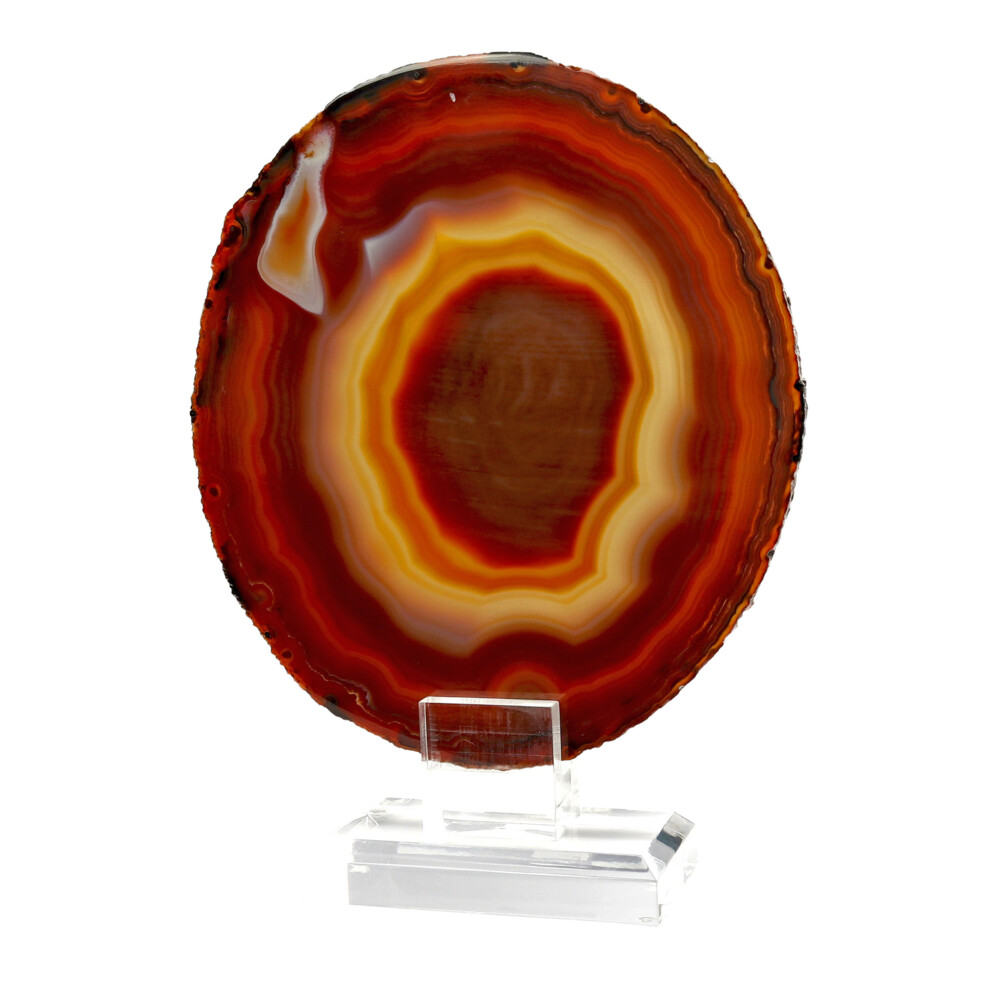<span style="position: initial; margin: initial;"></span><span style="font-family: "EB Garamond"; position: initial; margin: initial;">Agate Slice On Acrylic Screw-in Stand -Carnelian Sun.</span><div style="position: initial; margin: initial;"><p style="outline: none; background-repeat: no-repeat; margin: initial; padding: 0px; line-height: 26px; font-family: Roboto, sans-serif; color: rgb(10, 31, 64); position: initial;"><span style="font-family: "EB Garamond";"><font size="4">Known as the stabilizer, Agate is the stone to call on for support when you need stability and grounding in your life. Along with its supportive energy, the Agate stone has been long admired for its incredible beauty. Agate has a dreamy quality with signature bands made up of mineral deposits layered in a perfectly circular symmetry around its circumference. A combination of igneous rock with silica deposits found in groundwater, the otherworldly bands give this semi-precious stone its trademark appearance. What gives the Agate stone it's incredibly powerful grounding abilities is its availability in different colors, including a palette of white, purple, black, gray, yellow, pink, red, and brown.</font></span></p></div><div style="position: initial; margin: initial;"><br style="position: initial; margin: initial;"></div> Agate Slice On Acrylic Screw-in Stand -Carnelian Sun