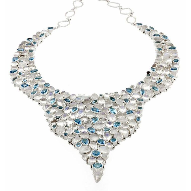 <span style="font-family: "EB Garamond";"><span style="font-family: "EB Garamond";"><font size="4">The unraveling beauty of Moonstone is captured in this elegant necklace set in 925 Sterling Silver. Our hand-selected Moonstone has a soft milky-white color, which vibrates delicate feminine energies. When you look at this magical stone from different angles, you will see different colors and hues ranging from various shades of blue to the full array of the rainbow.</font></span></span> Rainbow Moonstone Necklace Set With Blue Topaz Drops